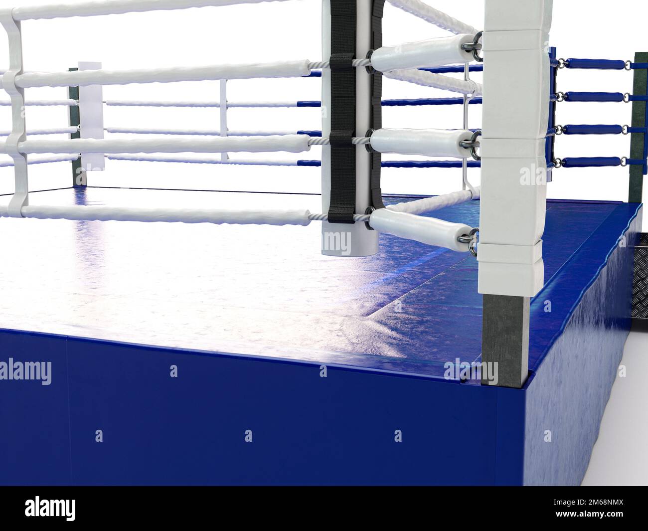 A modern regulation sized boxing ring with opposing blue and red
