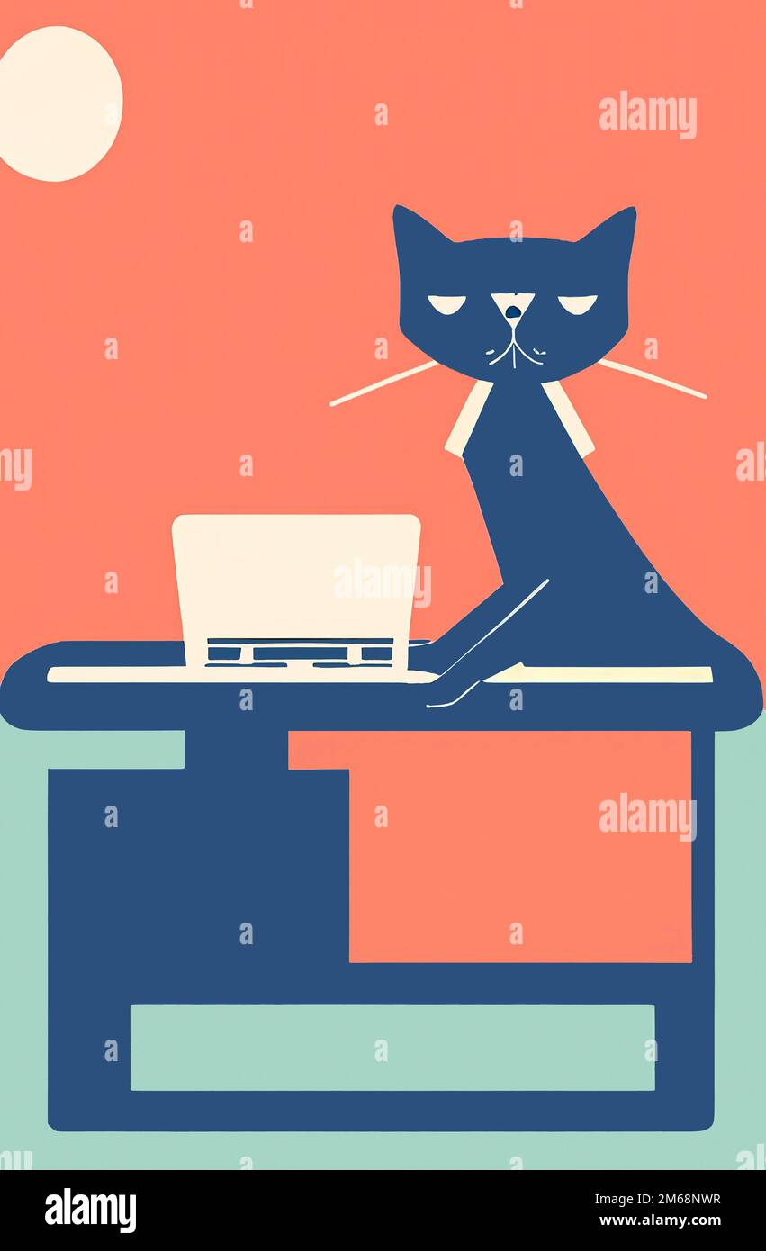 Illustration of cat with computer Stock Photo - Alamy