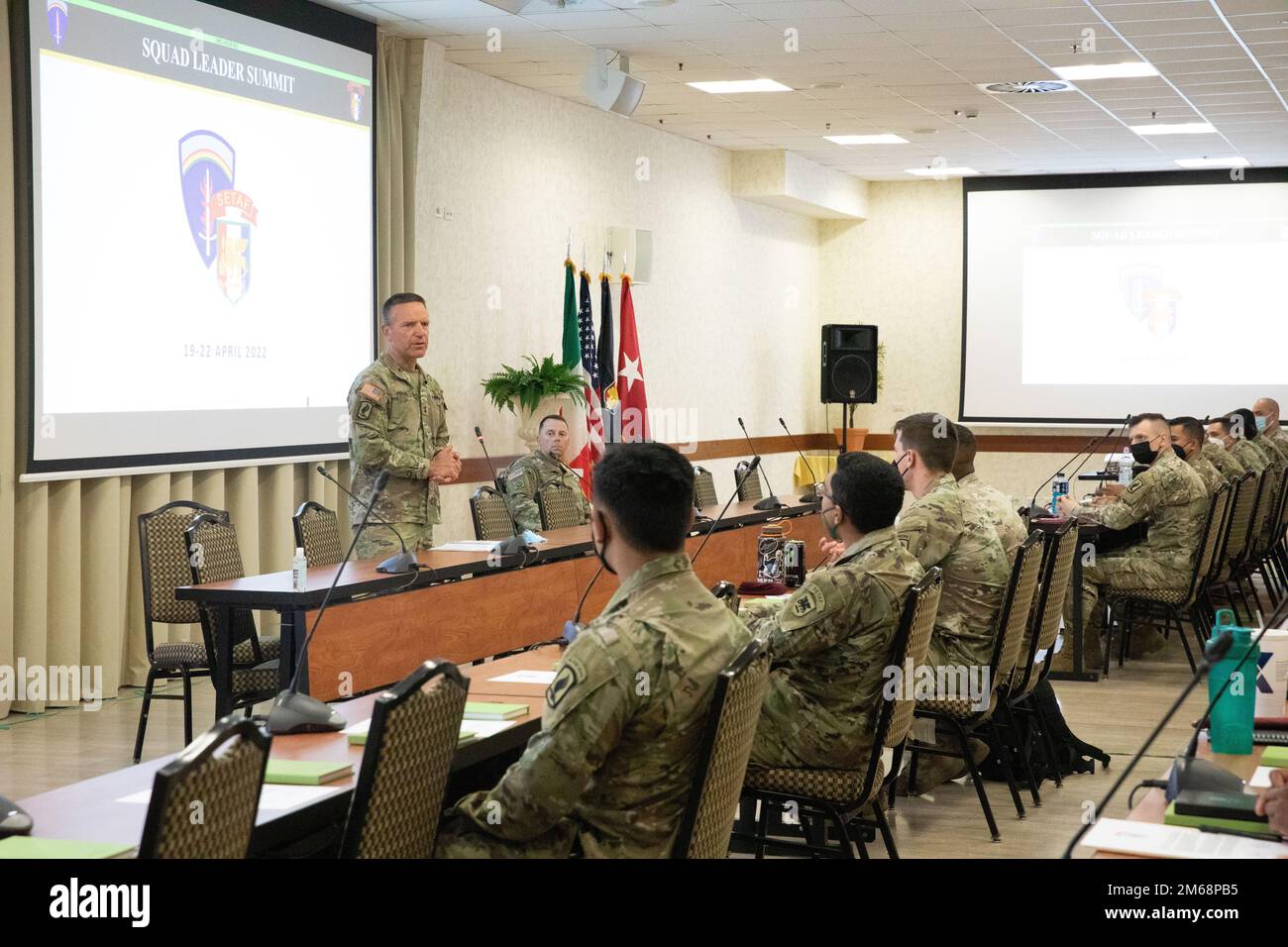 Maj. Gen. Andrew Rohling, U.S. Army Southern European Task Force, Africa commanding general, gives remarks at the start of the Squad Leader Summit on Caserma Ederle in Vicenza, Italy, April 19, 2022. The purpose of the Summit was to teach current and soon-to-be squad leaders about building effective and cohesive teams that are trained, disciplined, and fit. Stock Photo