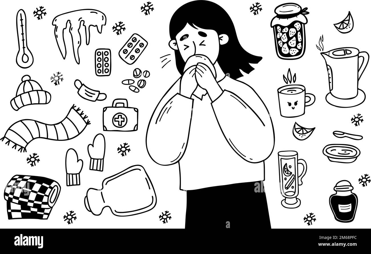 Collection doodles seasonal cold and cure. Sick woman sneezes into handkerchief. Nearby are pills, first aid kit, hat, gloves, jam, kettle, blanket an Stock Vector