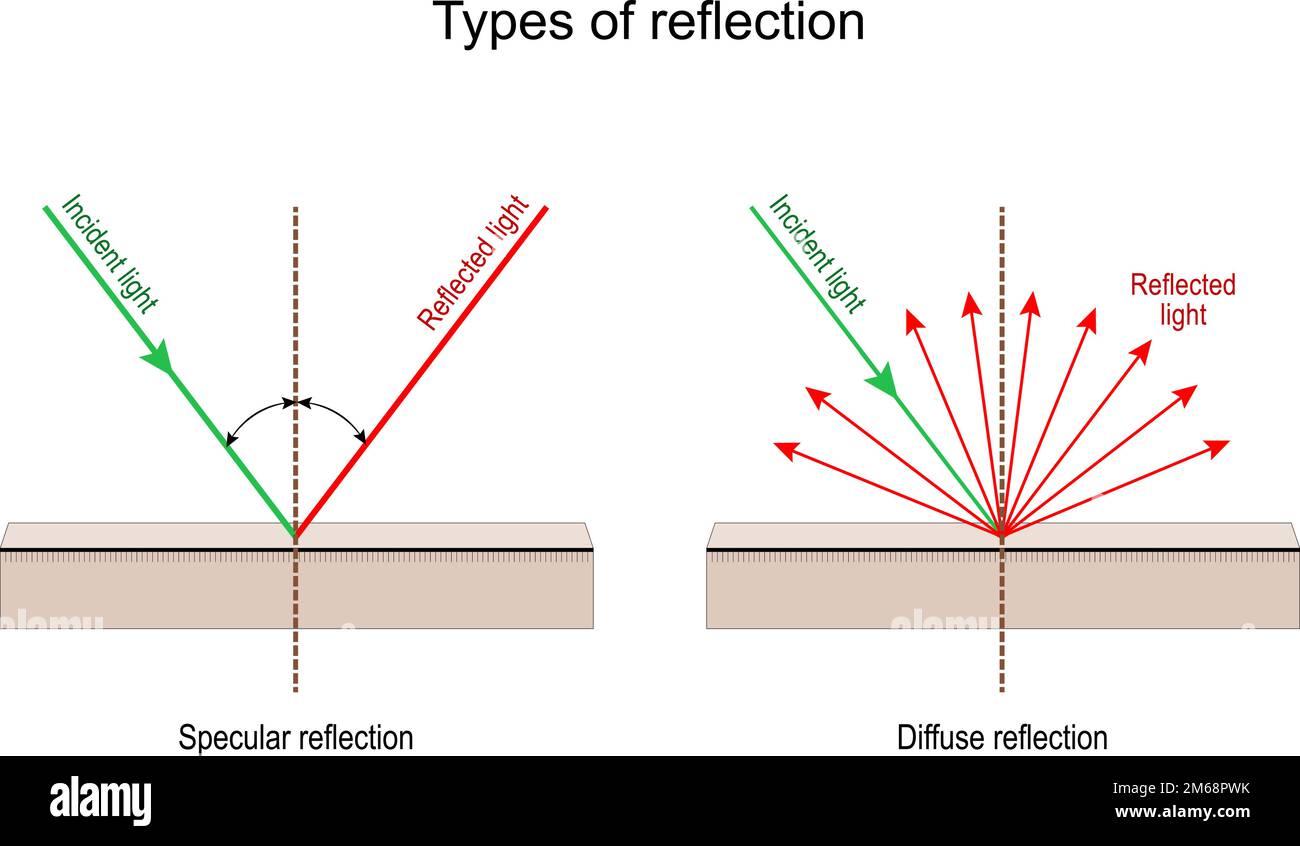Types of reflection. Specular and Diffuse reflection. Incident light and Reflected rays. Vector illustration for education Stock Vector
