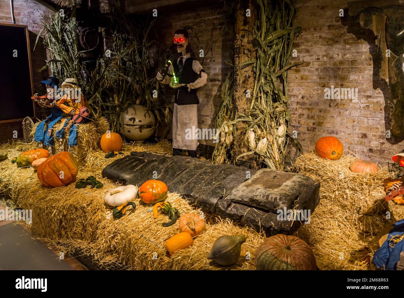 Halloween display, Chelsea Market, a food hall, shopping mall, office building and television