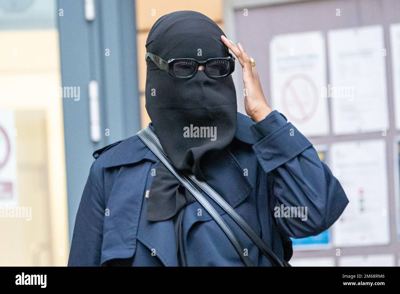 Black Lives Matter (BLM) organiser Xahra Saleem leaves Bristol Magistrates' Court, charged with two counts of fraud by abuse of position after a police investigation into two fundraising pages related to the BLM demonstration that took place in Bristol in 2020 and ended with the toppling of the statue of Edward Colston into the city's harbour. Picture date: Tuesday January 3, 2023. Stock Photo