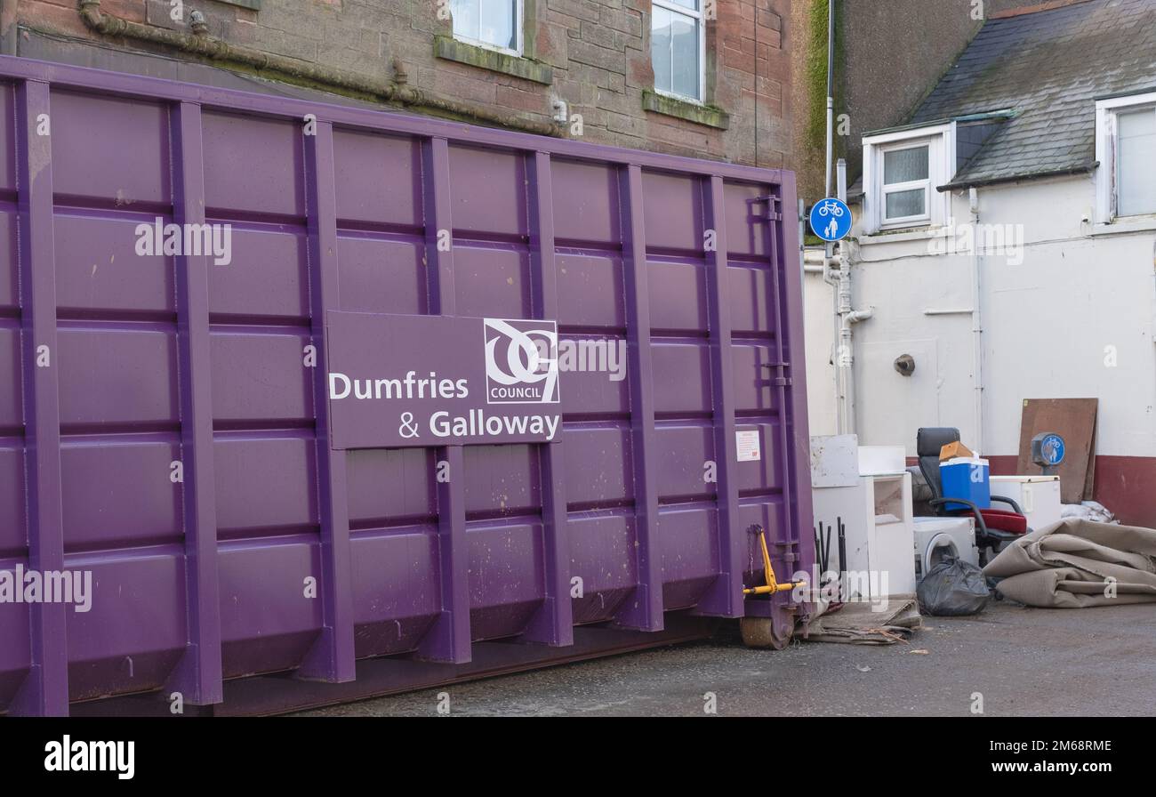 The clear up continues in Brewery Street, Dumfries, Scotland after huge flooding caused chaos on 30th December 2022. Stock Photo