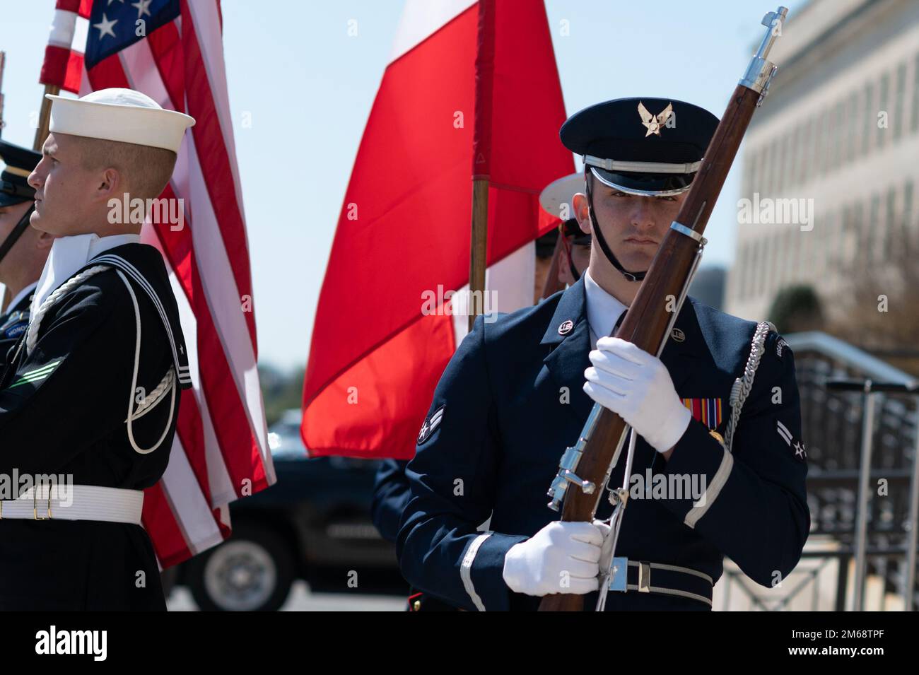 Members of the Joint Honor Guard take part in the honor cordon as ...