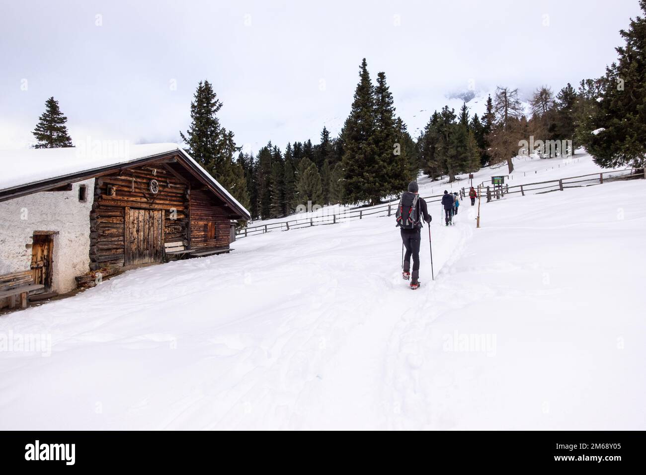 Winter snow mountain hiking group of tourists in the mountains, in the Alps. Group of people walking with hiking poles on the snow near a wooden hut Stock Photo