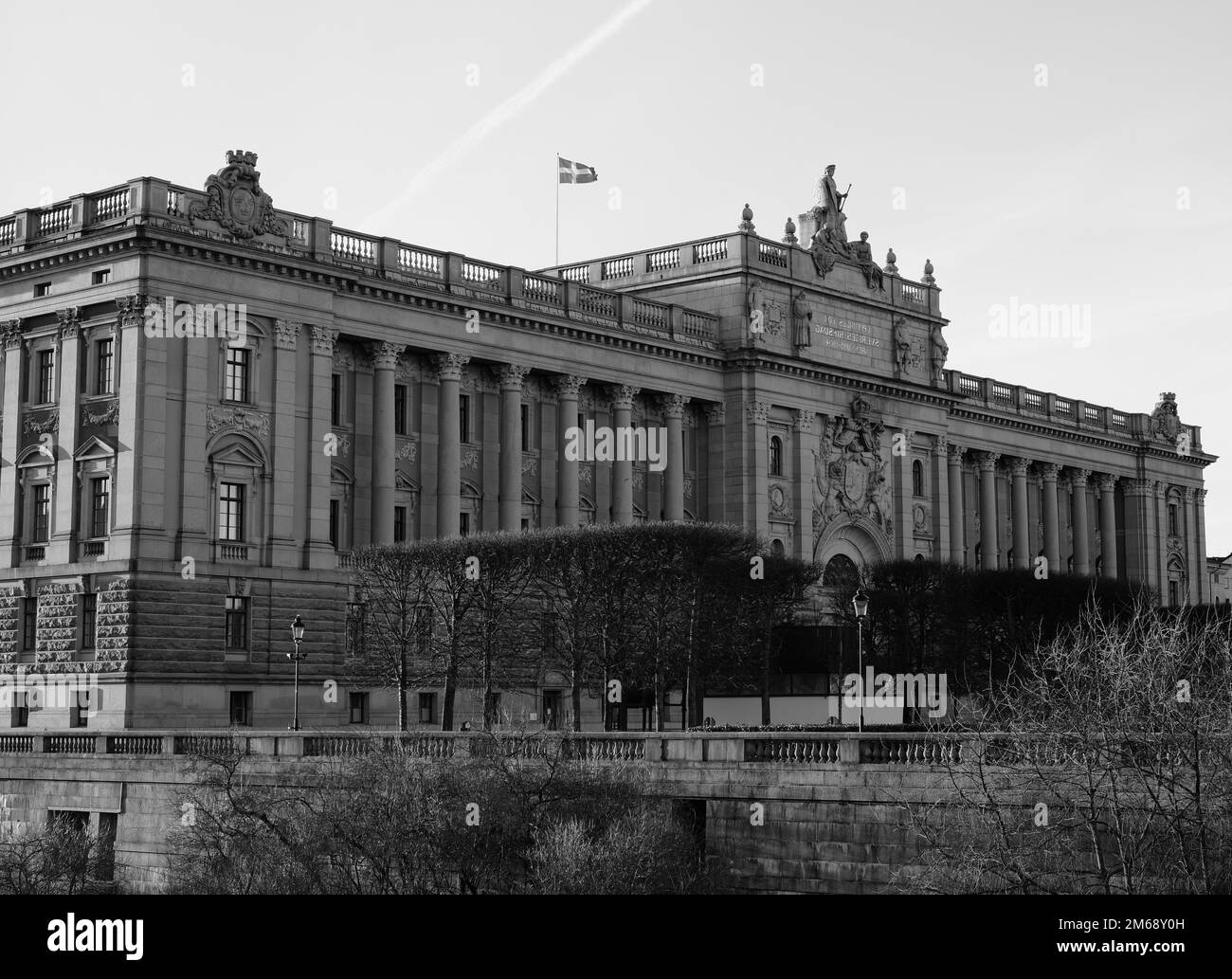 A monochrome shot of the Swedish parliament building architecture with ...