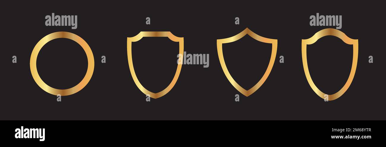 A vector of the set of gold shields icons isolated on the black ...