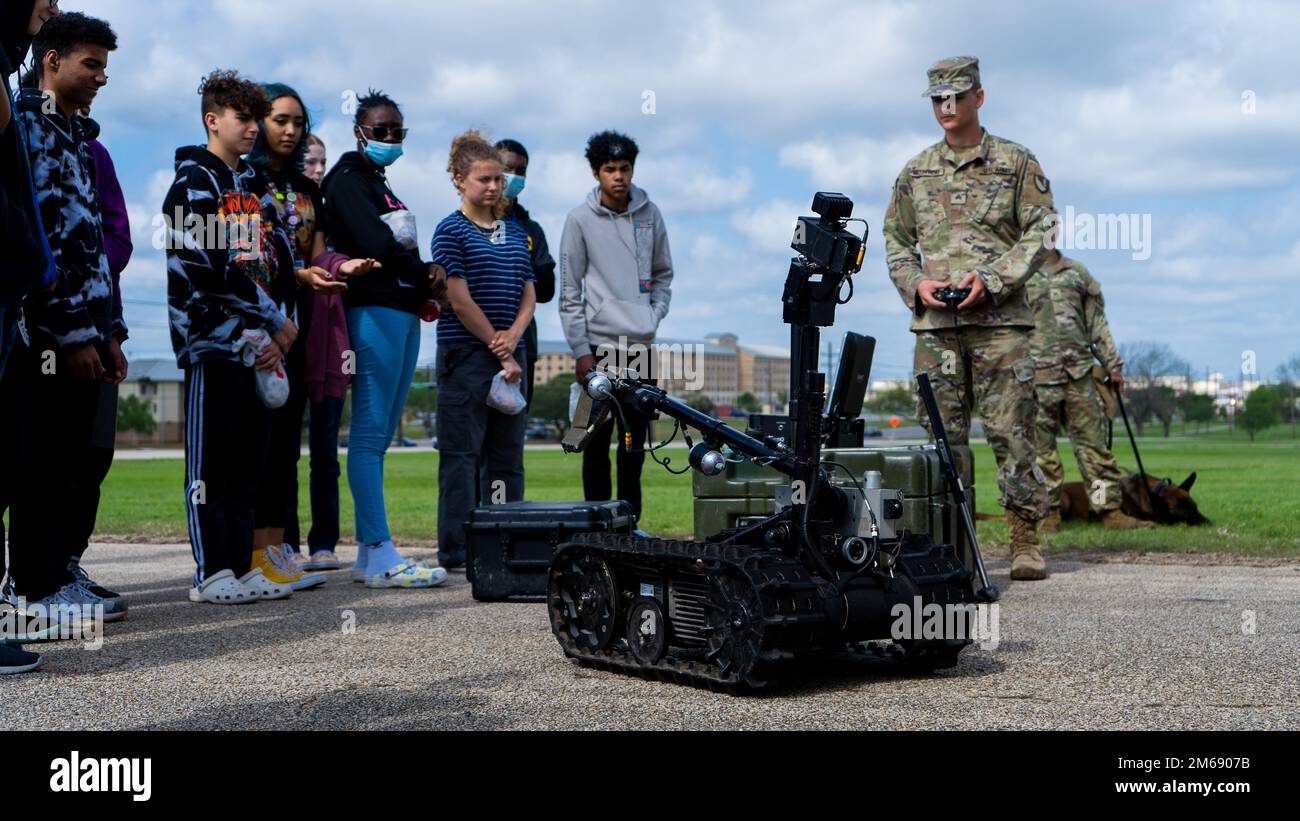 Highschools from the Killeen Independent School District and surrounding areas visited Fort Hood, Texas on April 20, 2022. The students participated in several obstacles courses while learning about the seven Army values. Stock Photo
