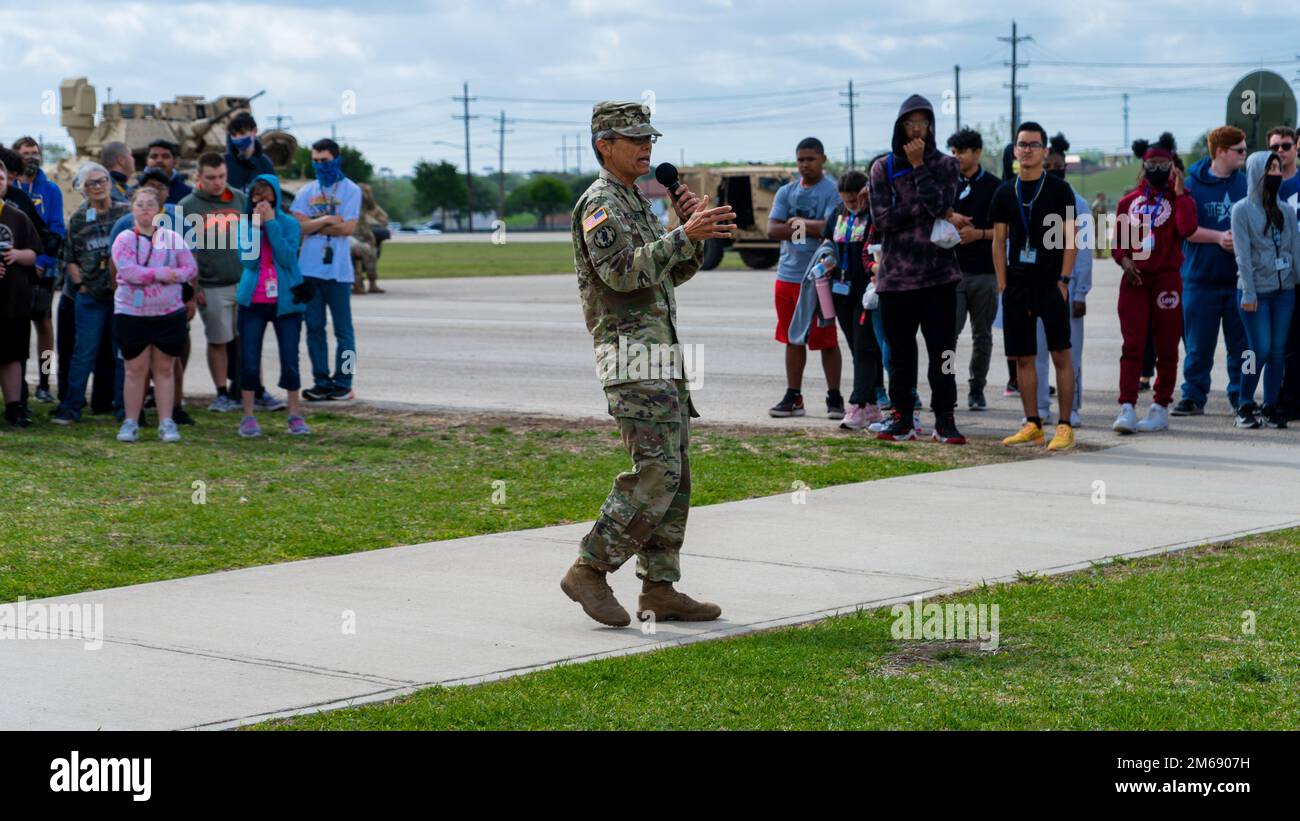 Highschools from the Killeen Independent School District and surrounding areas visited Fort Hood, Texas on April 19, 2022. The students participated in several obstacles courses while learning about the seven Army values. Stock Photo