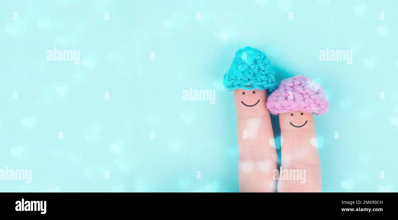 Happy, similing face on finger, couple cuddle together, support ...