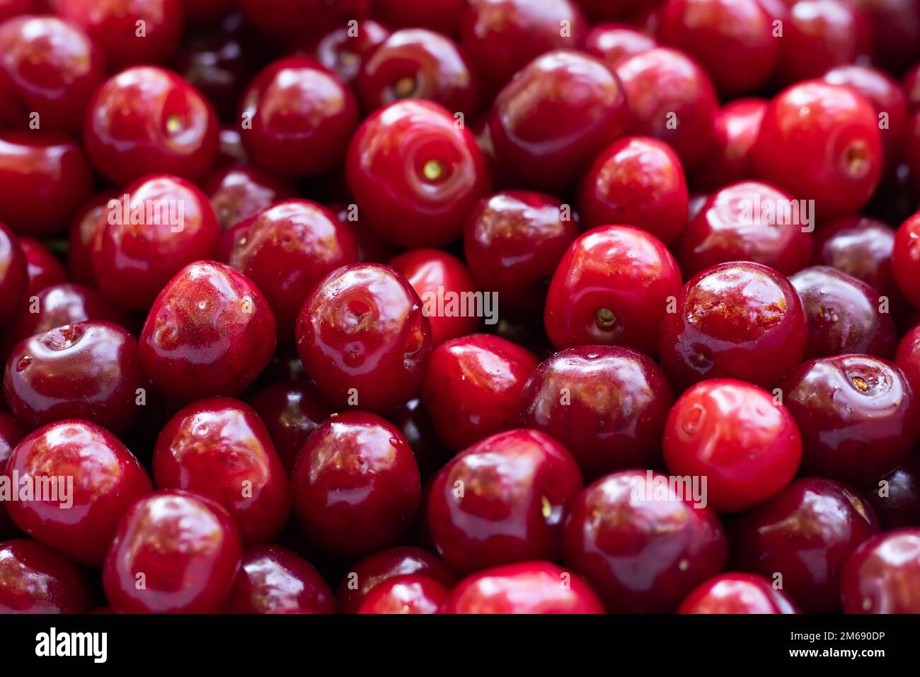 Cherry background. Cherry top view. Sour cherry flat design. Fruit macro Stock Photo
