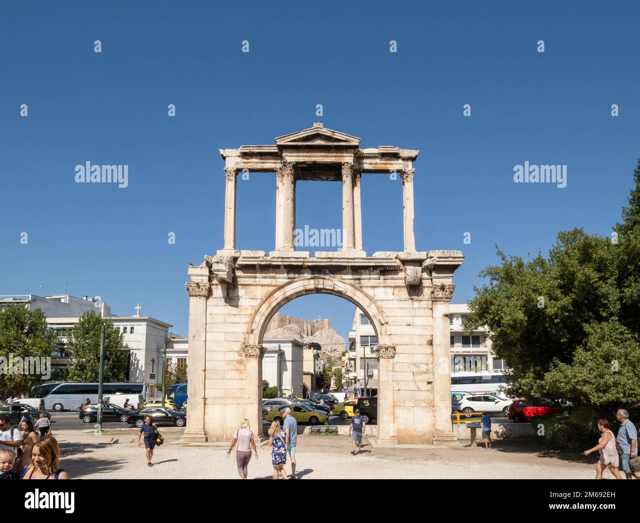 Arch of Hadrian (Hadrian's Gate), Athens, Greece, on a bright day with deep blue sky above. It is photographed here from the south east, looking north Stock Photo