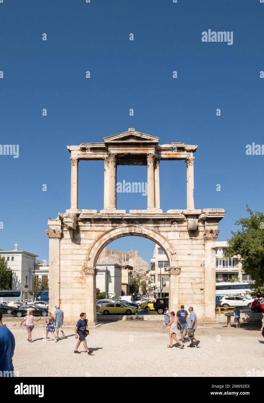 Arch of Hadrian (Hadrian's Gate), Athens, Greece, on a bright day with deep blue sky above. It is photographed here from the south east, looking north Stock Photo
