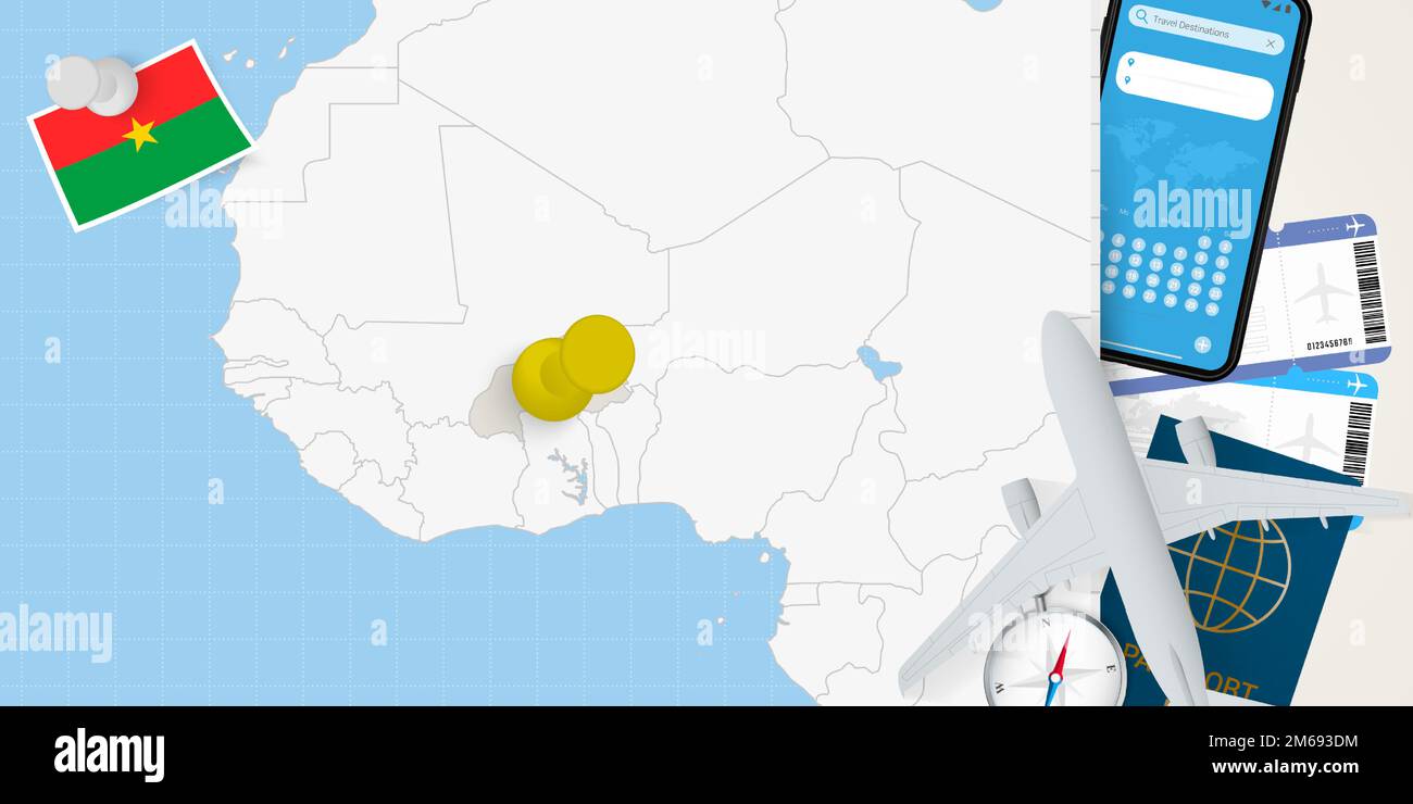Travel to Burkina Faso concept, map with pin on map of Burkina Faso