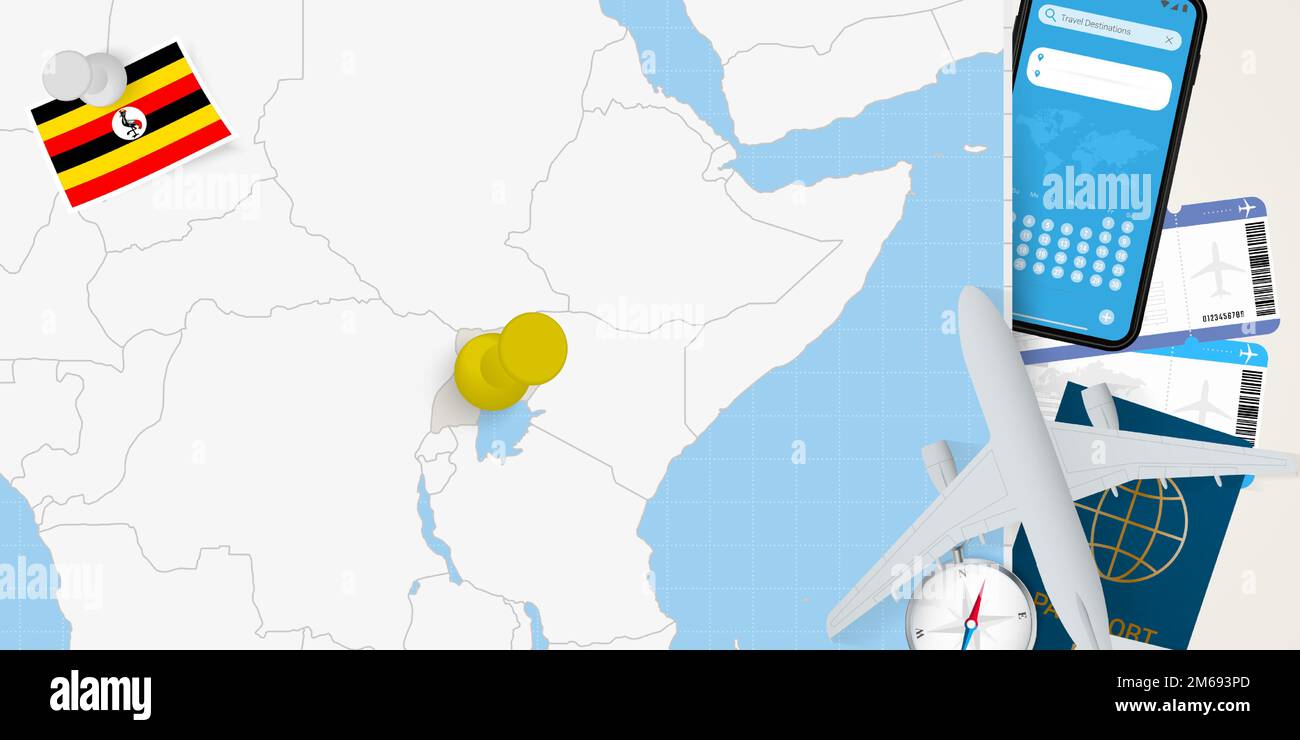 Travel to Uganda concept, map with pin on map of Uganda. Vacation