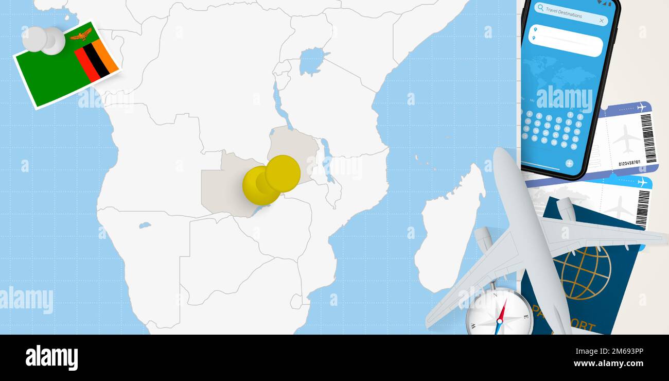 Travel to Zambia concept, map with pin on map of Zambia. Vacation preparation map, flag