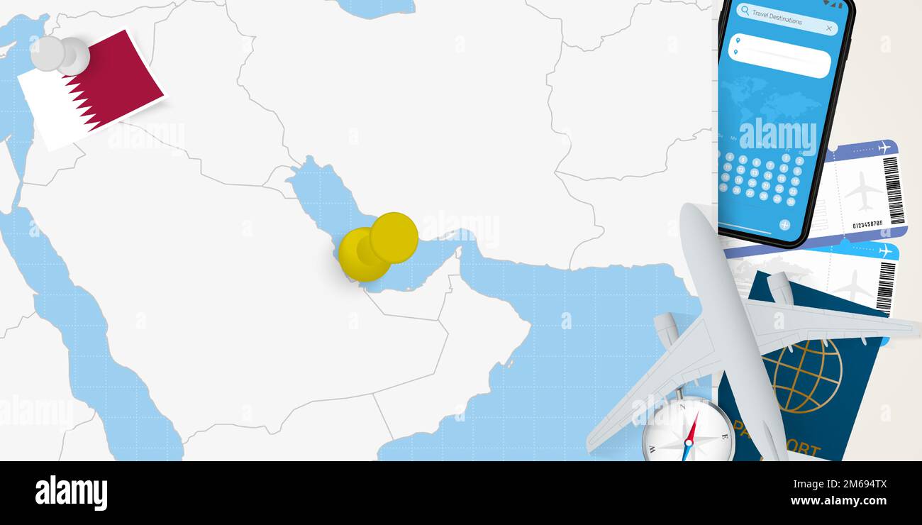 Travel to Qatar concept, map with pin on map of Qatar. Vacation preparation map, flag, passport