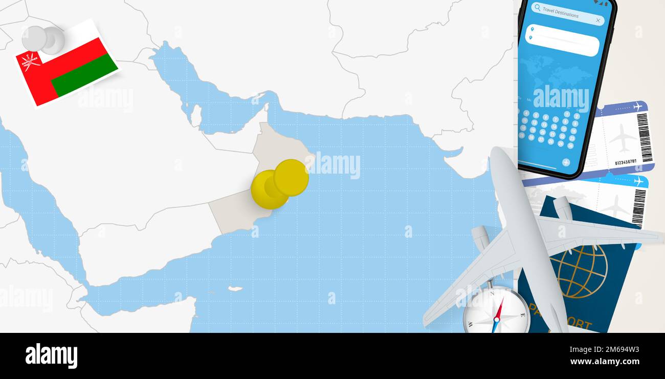 Travel to Oman concept, map with pin on map of Oman. Vacation