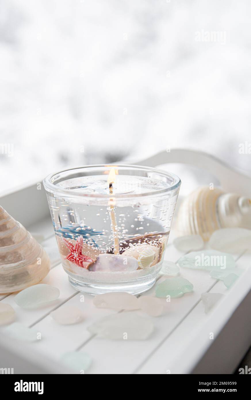 Handmade underwater seashell clear gel wax candle inside clear cup