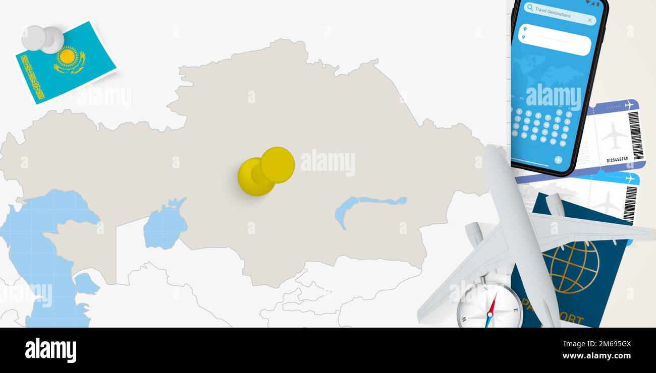 Travel to Kazakhstan concept, map with pin on map of Kazakhstan