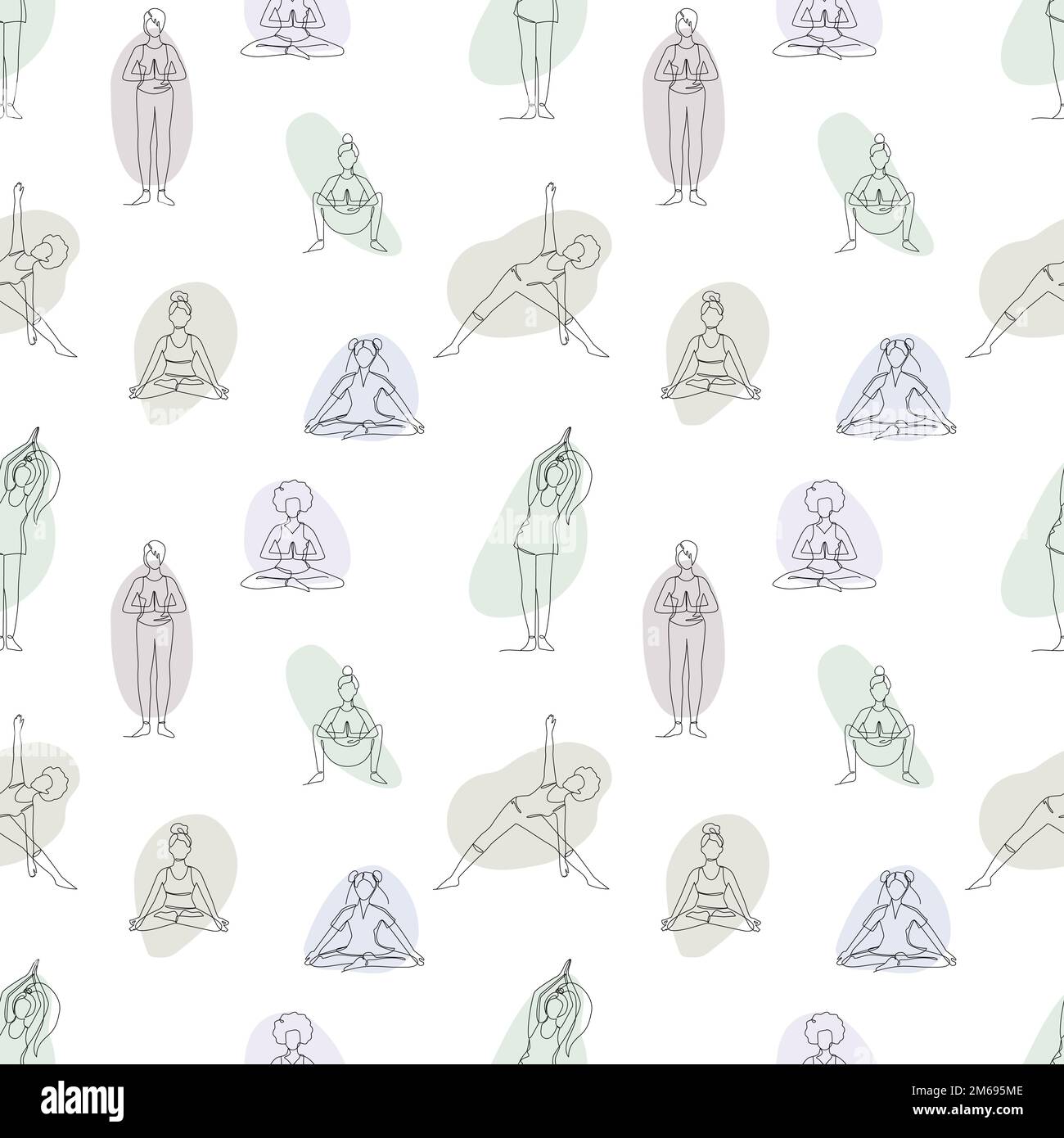 Seamless pattern with single line drawings of a girl sitting and ...