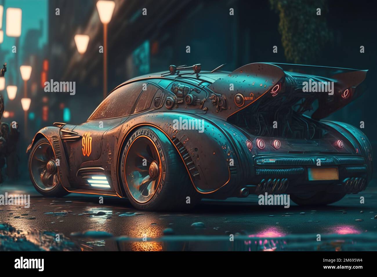 Cyberpunk style car on street of city of future, futurism, neon light