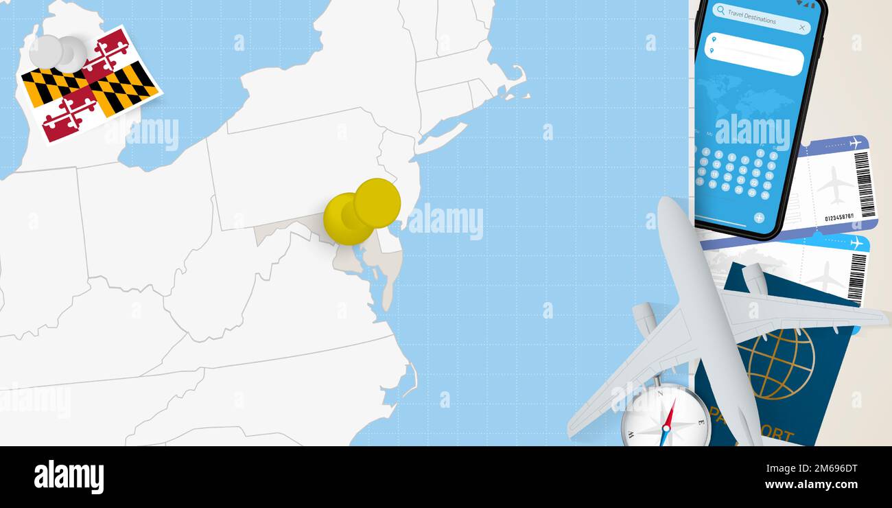 Travel To Maryland Concept Map With Pin On Map Of Maryland Vacation Travel To Maryland Concept Map With Pin On Map Of Maryland Vacation Preparation Map Flag Passport And Tickets Vector Illustration In Flat Design 2M696DT