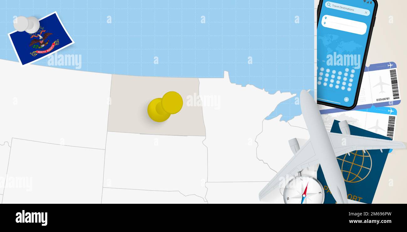 Travel to North Dakota concept, map with pin on map of North Dakota