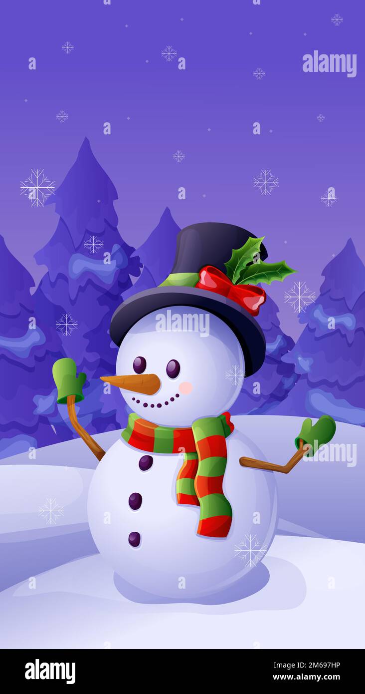 Cute snowman with top hat, scarf, emotional happy face winter evening scenery in cartoon style isolated on white background. Christmas character, winter decoration. Vector illustration Stock Vector