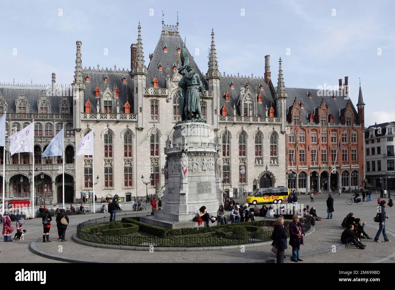 Bruges city hall and monument for Jan Breydel und Pieter De Coninck Stock Photo
