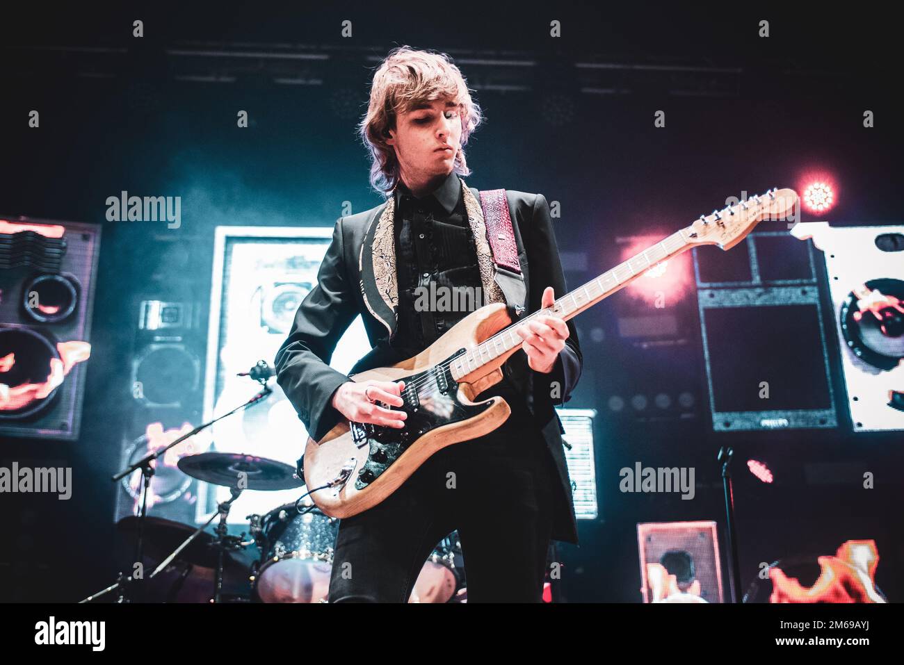 TEATRO CONCORDIA, VENARIA, ITALY: Thomas Raggi, guitarist of the Italian rock band Maneskin, performing live on stage for 'Il ballo della vita' tour Stock Photo