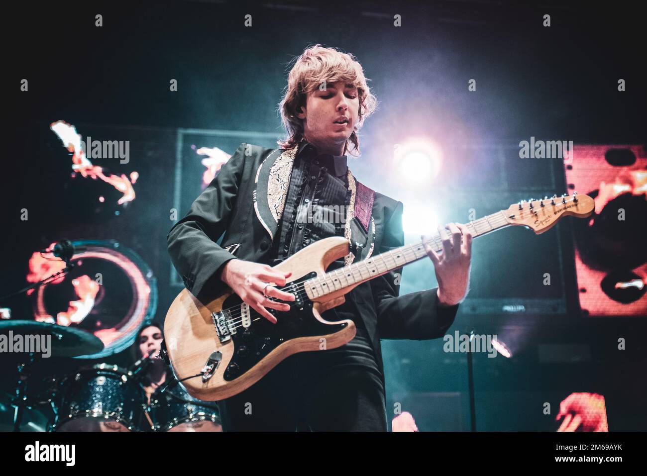 TEATRO CONCORDIA, VENARIA, ITALY: Thomas Raggi, guitarist of the Italian rock band Maneskin, performing live on stage for 'Il ballo della vita' tour Stock Photo