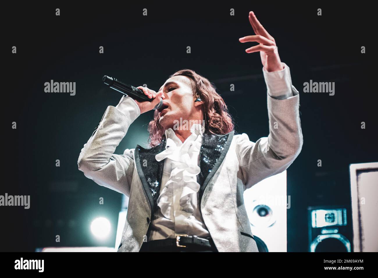 TEATRO CONCORDIA, VENARIA, ITALY: Damiano David, singer of the Italian rock band Maneskin, performing live on stage for 'Il ballo della vita' tour Stock Photo