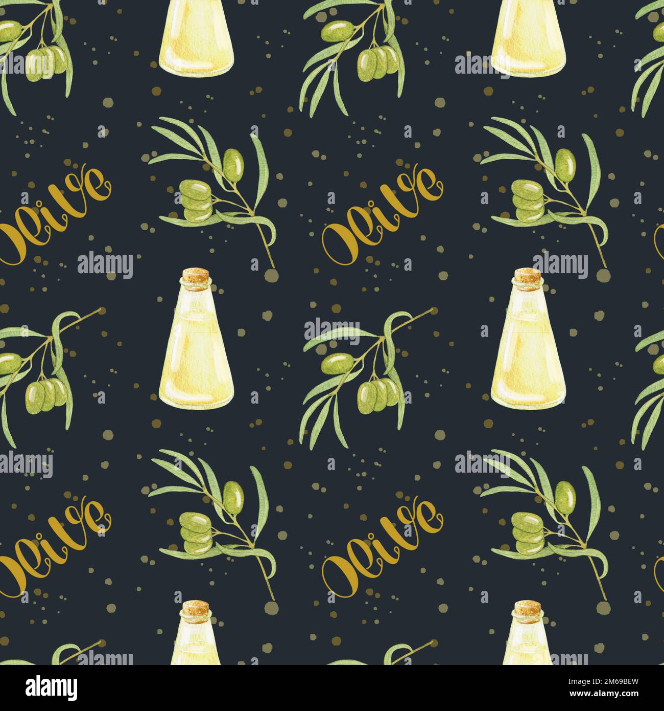 Watercolor Olive Seamless Pattern. Illustration with Green Olives and ...