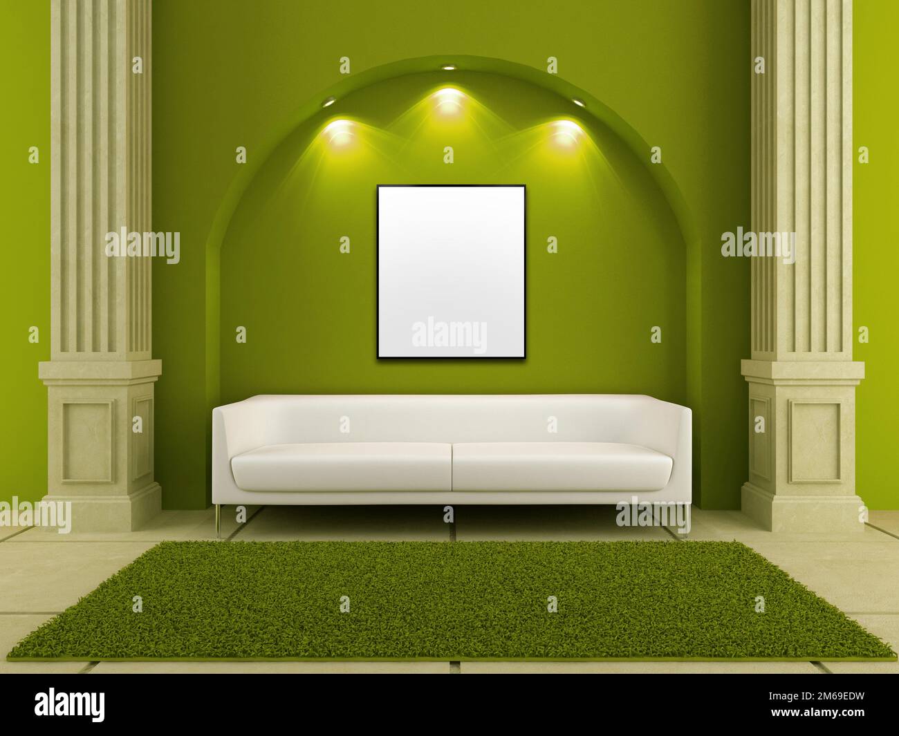 3d interiors - White couch in red room Stock Photo