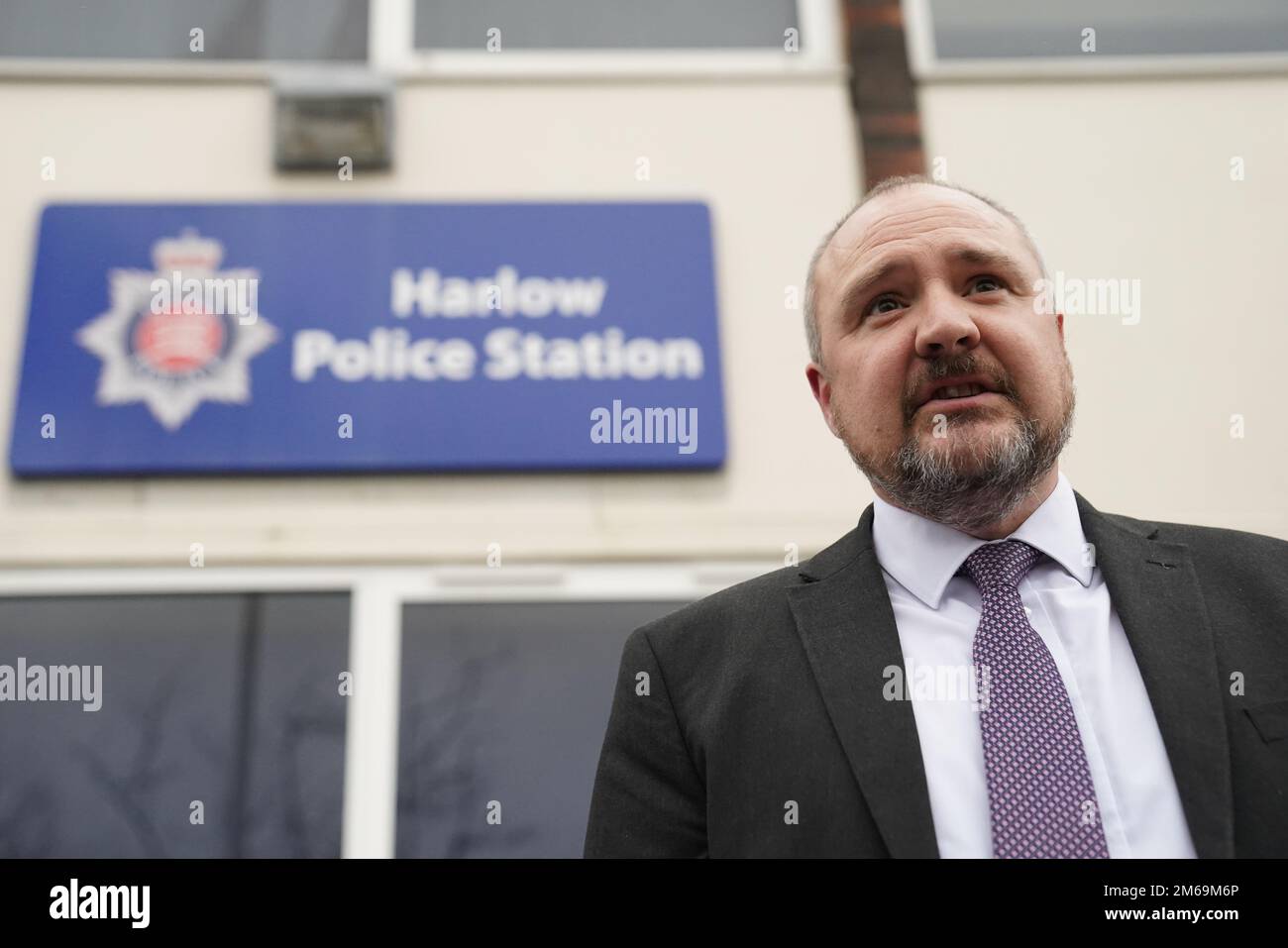 Detective Superintendent Rob Kirby speaks to the media outside Harlow Police station following