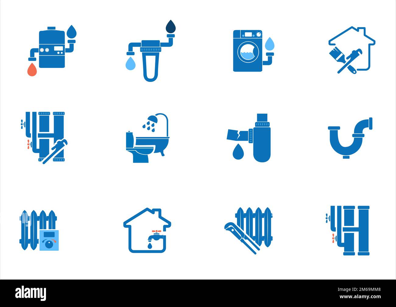 Set of 12 plumbing icons. Repair of plumbing and installation of water