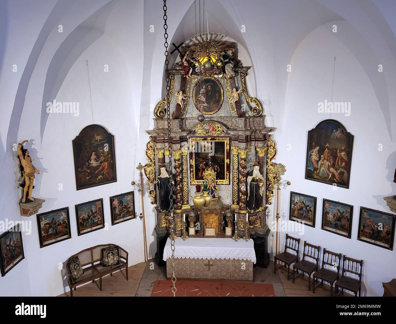 Stadtschlaining, Austria - December 04, 2022: Inside the chapel of the castle Schlaining in Burgenland, also named Friedensburg Stock Photo