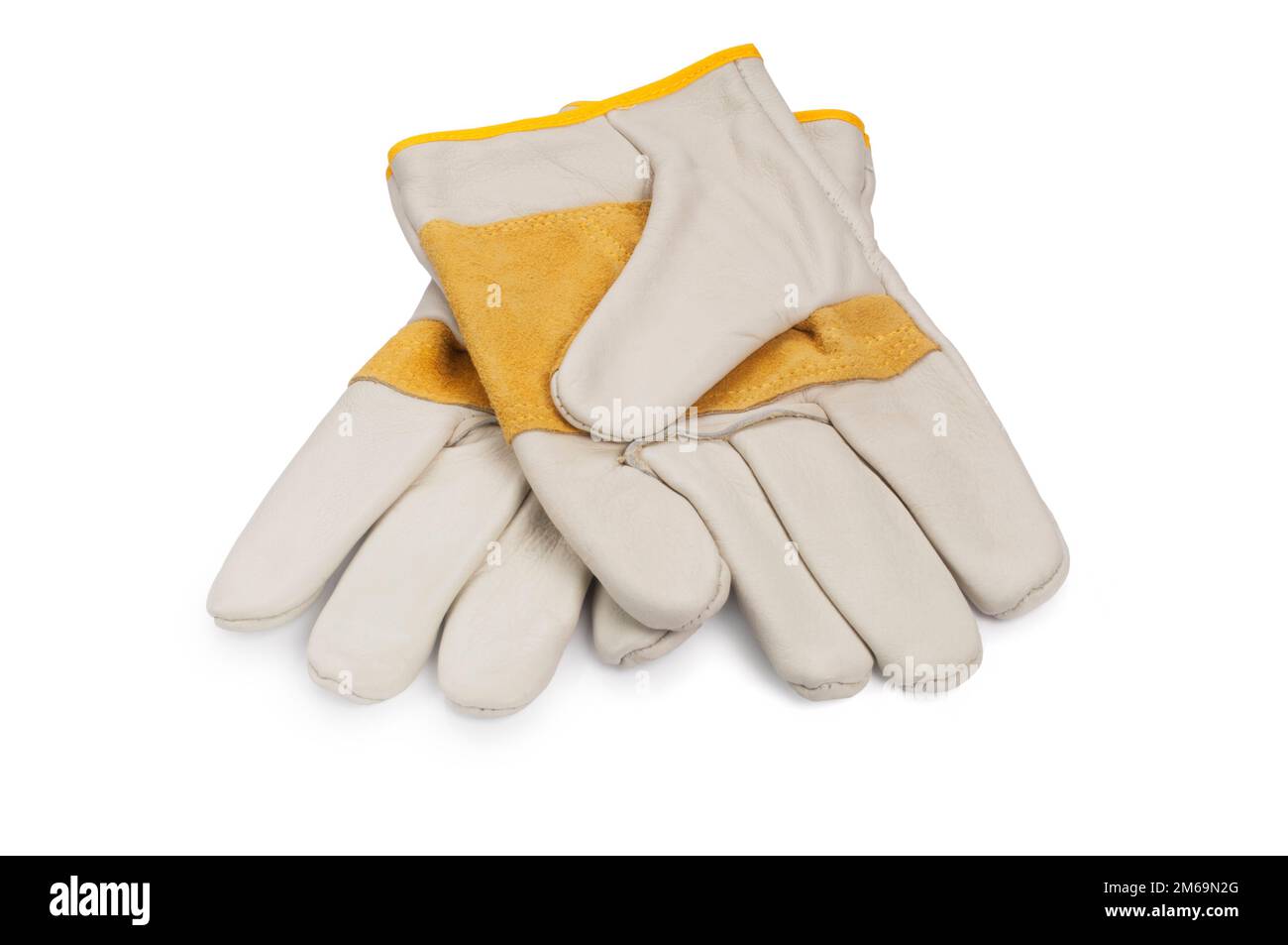 Studio shot of a pair of new leather gardening gloves cut out against a white background - John Gollop Stock Photo