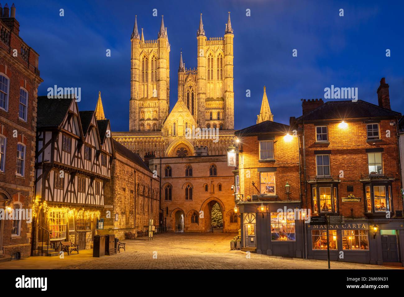 Lincoln Cathedral night or Lincoln Minster West Front Exchequer gate Lincoln Lincolnshire England UK GB Europe Stock Photo