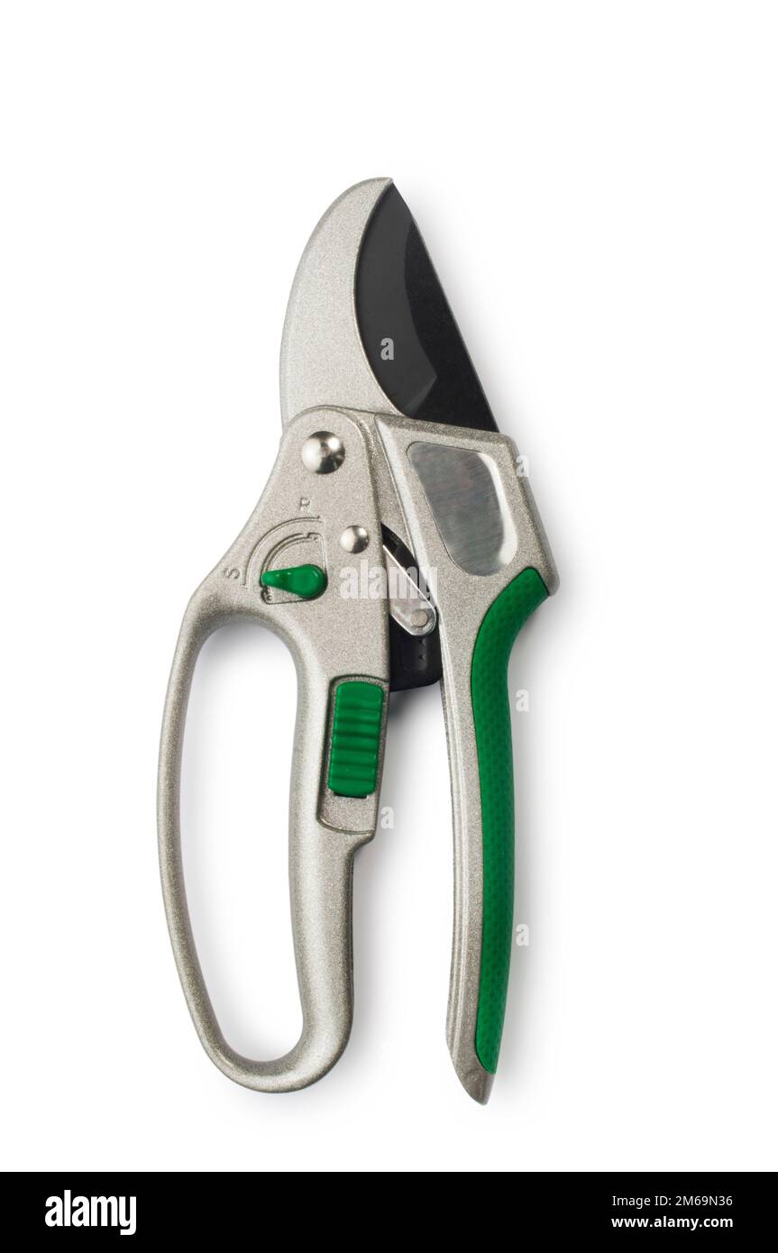 studio shot of a pair of garden secateurs cut out against a white background - John Gollop Stock Photo