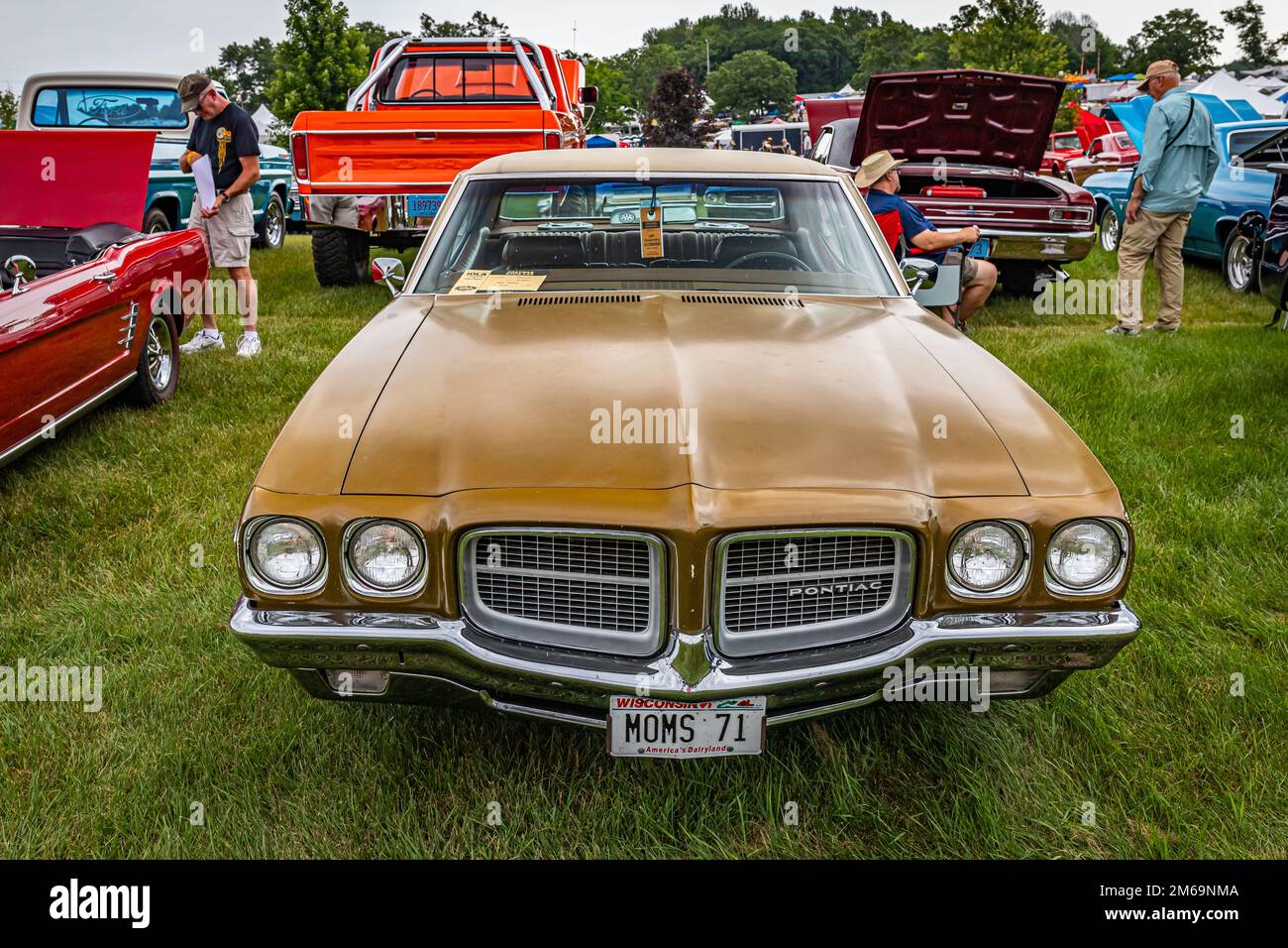 Iola, WI - July 07, 2022: High perspective front view of a 1971 Pontiac LeMans 2 Door Hardtop at a local car show. Stock Photo
