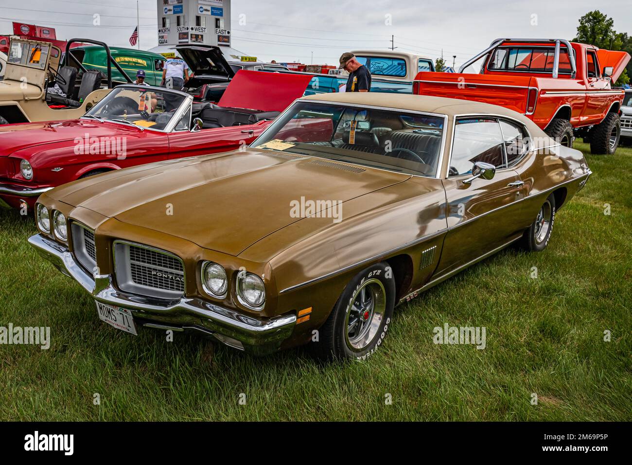 Iola, WI - July 07, 2022: High perspective front corner view of a 1971 Pontiac LeMans 2 Door Hardtop at a local car show. Stock Photo