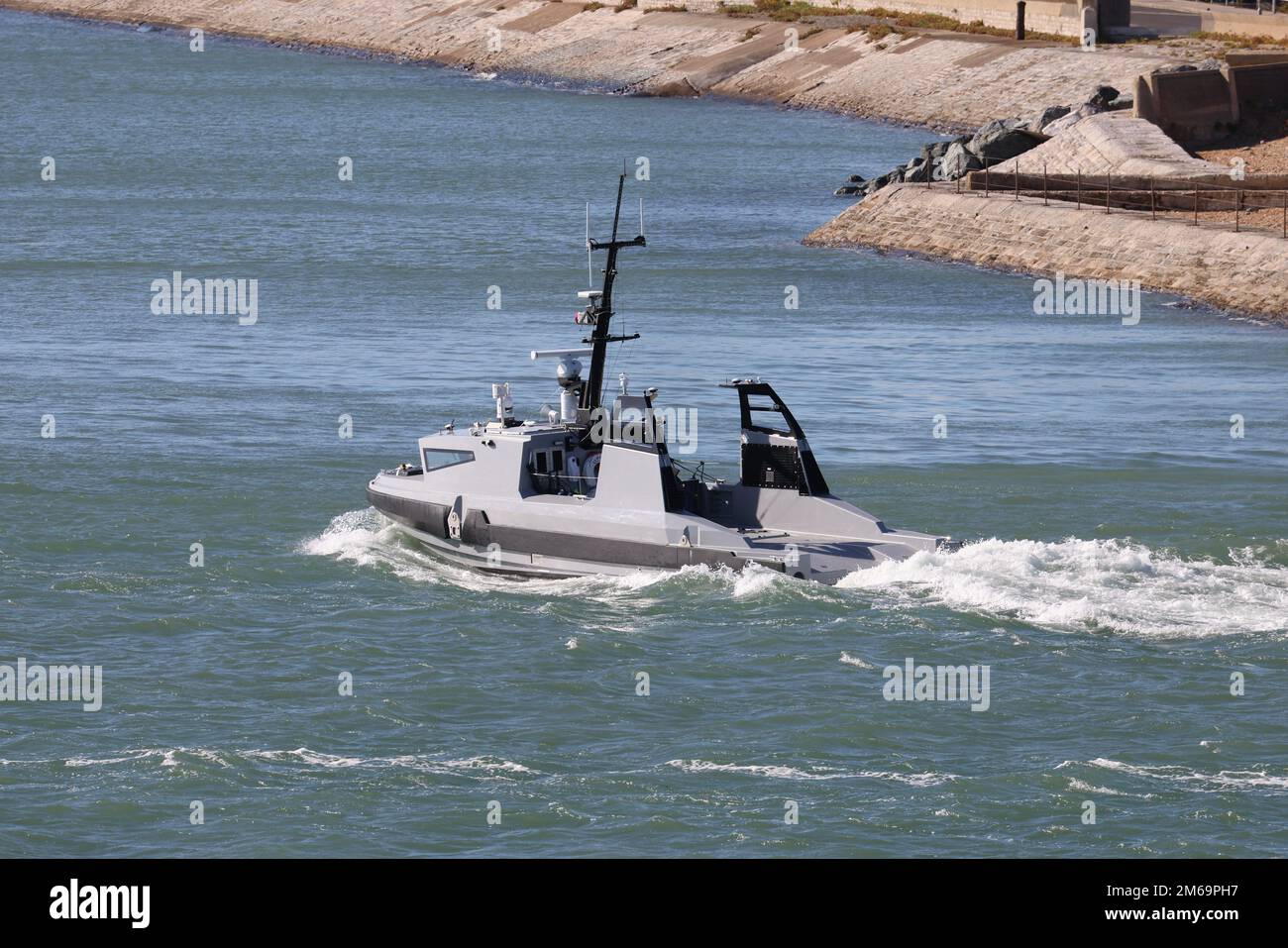 The mine warfare trials vessel APOLLO leaving harbour. The craft will test unmanned technology for military applications Stock Photo