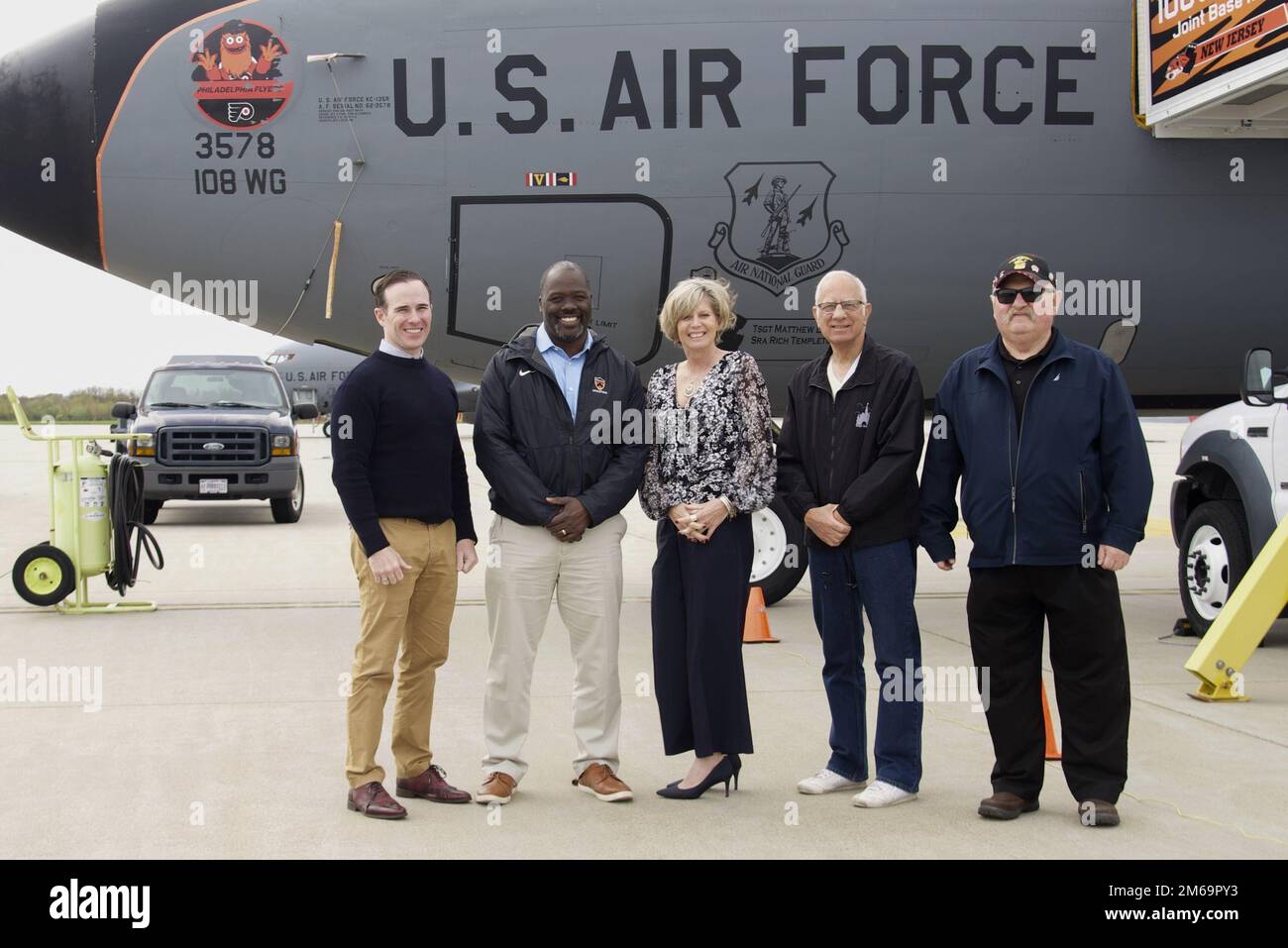 The 108th Wing's honorary commanders pose with a KC-135R on April 21, 2022 at Joint Base McGuire-Dix-Lakehurst, N.J. The honorary commander program allows members of the community to become wing and squadron commanders for the year. The program builds morale, informs the community of the wing’s operations, and highlights notable state figures who deserve recognition. Stock Photo