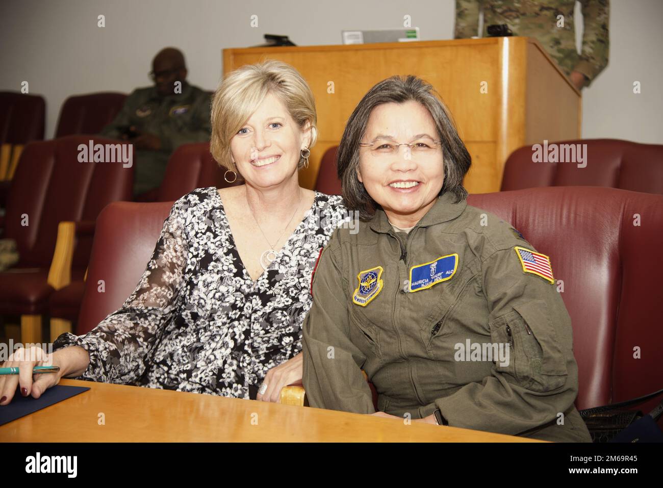 Col. Mauricia Alo, 108th Medical Group commander, shares a moment with Veronica Kraft, honorary commander, at Joint Base McGuire-Dix-Lakehurst, N.J. on April 21, 2022. The honorary commander program allows members of the community to become wing and squadron commanders for the year. The program builds morale, informs the community of the wing’s operations, and highlights notable state figures who deserve recognition. Stock Photo