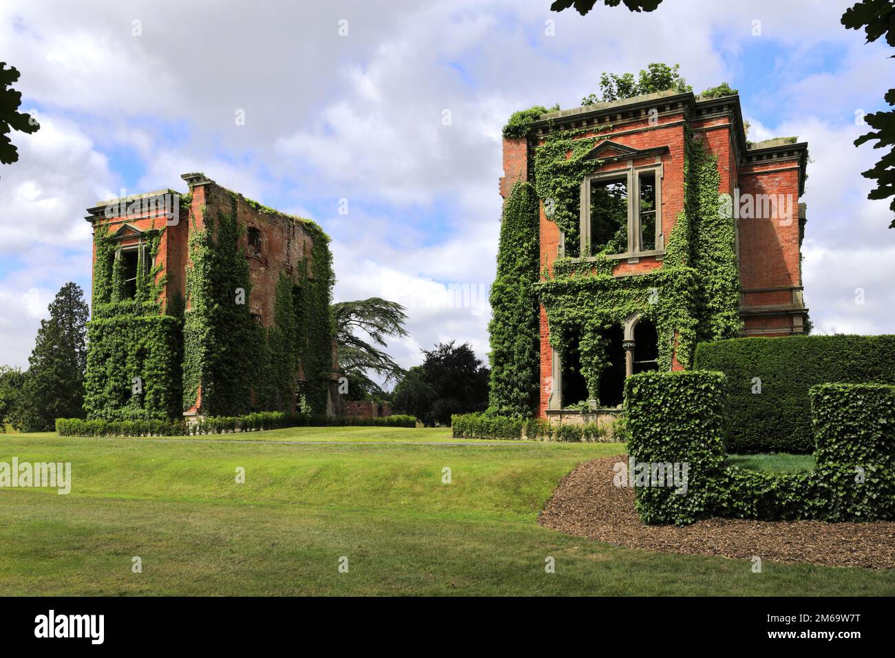 The ruins of Woodseat Hall on the JCB Golf & Country Club course near Rocester, Uttoxeter, Staffordshire, England Stock Photo