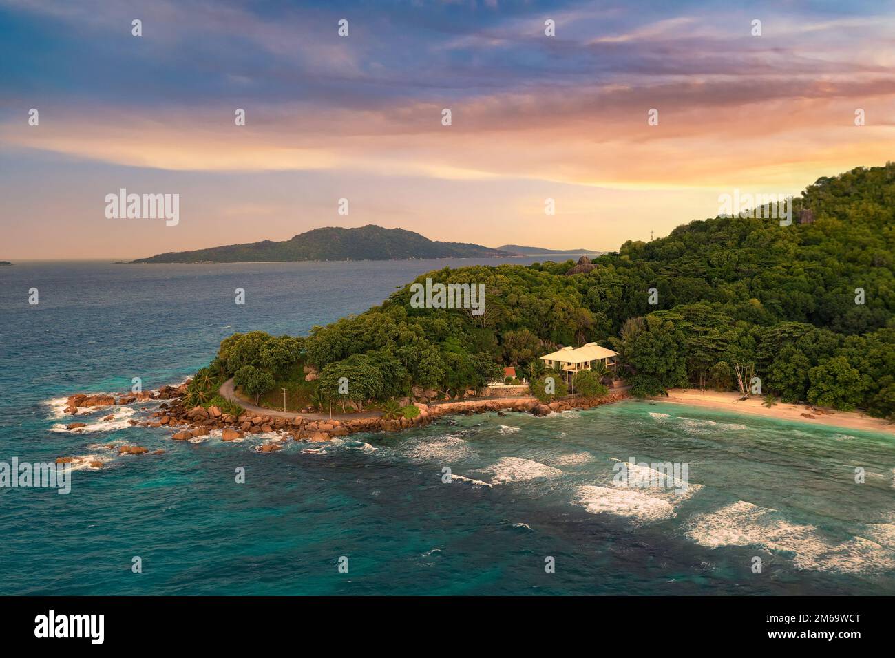 Aerial sunset view of Anse Severe Beach at the La Digue Island, Seychelles Stock Photo