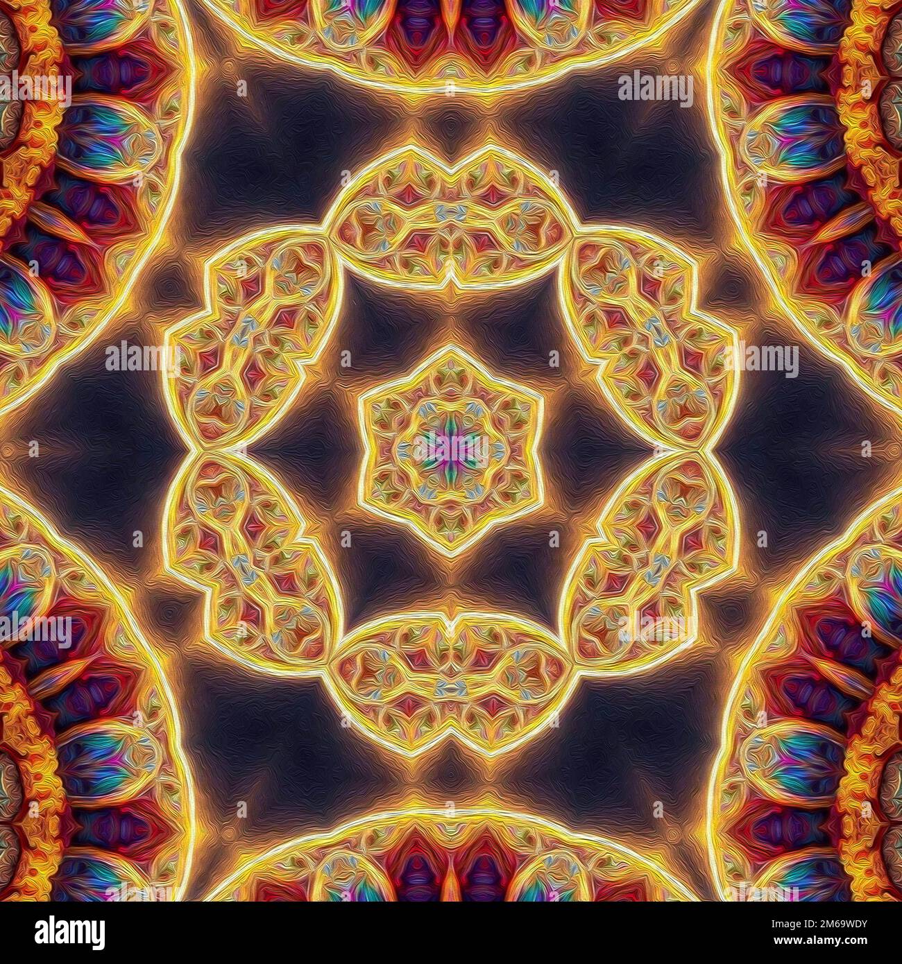 Magic mystic fantasy fractal. Esoteric neon glowing geometric mandala. Kaleidoscopic background. Stock Photo